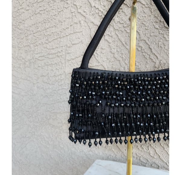 VINTAGE 90s Y2K Black Satin Beaded Fringe Handbag Formal Cocktail Evening Bag - Picture 3 of 12